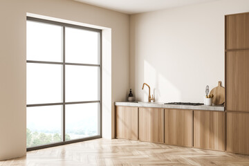 Corner view on bright kitchen room interior with cupboard