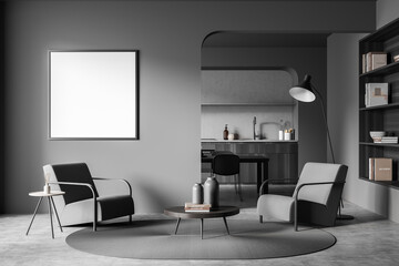 Grey living room with square frame and kitchen