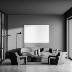 Dark living room interior with white empty poster, panoramic window