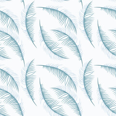 Seamless pattern of pastel light blue feathers on a white background. Repeating vector texture is suitable for invitations, banners, postcards, film, tiles, cover, fabric and other decor.