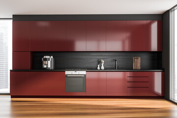 Red bright kitchen room interior with panoramic window