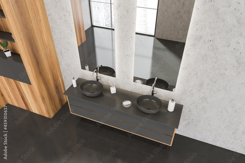 Wall mural Top view of dark grey bathroom vanity with two on trend sinks