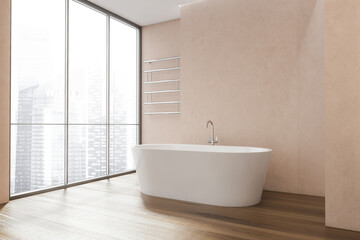 Naklejka na ściany i meble Corner view of panoramic bathroom with pink walls