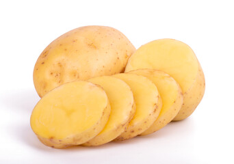 Naklejka na ściany i meble Group of whole and sliced raw potatoes isolated on white background close up