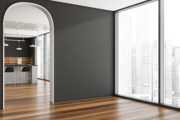 Grey panoramic space with background kitchen. Corner view.