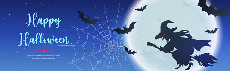 Happy halloween witch riding on a broomstick with full moon background