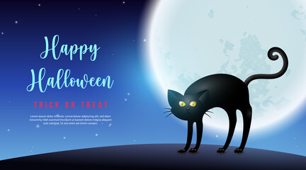 Happy halloween back cat and full moon night background
