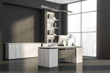 Corner view on dark office interior with panoramic window