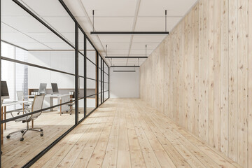 Office corridor with light wood plank wall and floor