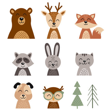 set of isolated cute forest animals