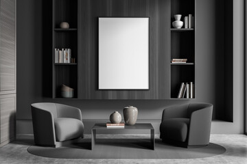 Stylish shelf with mockup canvas in dark grey seating area