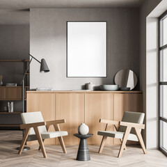 Seating area with canvas on grey beige living room wall