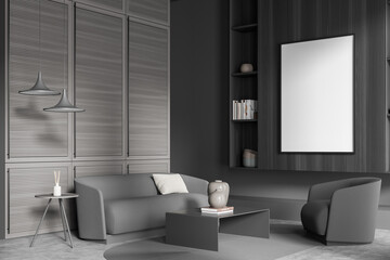 Canvas in on trend dark grey living room. Corner view.