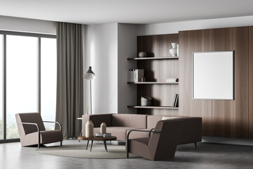 Canvas on dark wood cabinet in the living room with brown furnishing