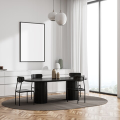 Bright living room interior with white empty poster, panoramic window