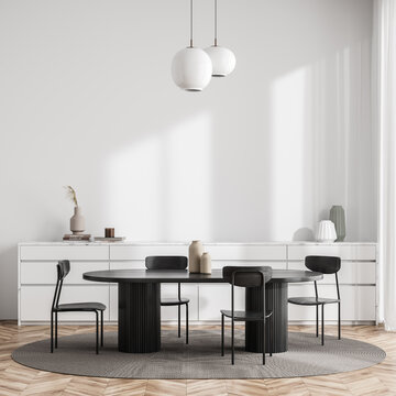 Bright Living Room Interior With Four Chairs, Dining Table, Sideboard