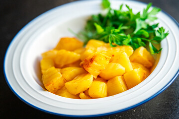 potatoes stewed vegetable spices no meat fresh meal snack on the table copy space food background rustic. top view veggie vegan or vegetarian food