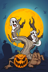 Halloween night scene with ghosts and pumpkin. Vector clip art illustration with simple gradients. Some elements on separate layers.
