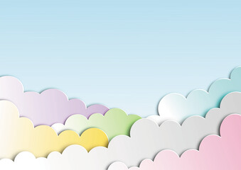 pastel colorful clouds as paper craft style on blue background with free copy space. Vector illustration wallpaper. cloudscape concept.