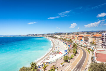 Amazingly turquoise water in Nice, view on Promenade des Anglais