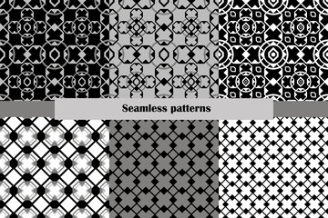 Vector set of six seamless patterns. Cute monochrome collection