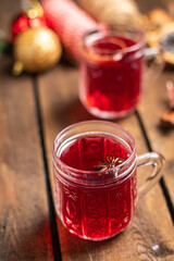 mulled wine christmas drink new year background spice juice star anise, cinnamon cozy fresh hot sweet beverage meal on the table copy space food rustic 