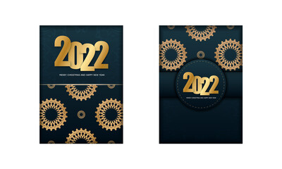Fototapeta na wymiar 2022 Happy New Year Flyer Template Dark Blue with Winter Gold Pattern