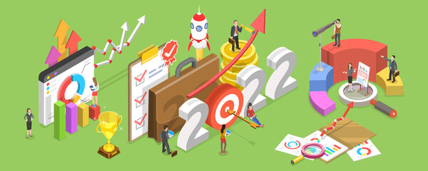3D Isometric Flat Vector Conceptual Illustration of 2022 - Successful Year of Financial Opportunities, Business Plans and Goals