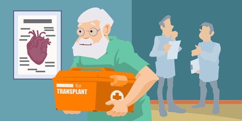 Man in medical uniform. Medic with box for transporting organs. Illustration for internet and mobile website.