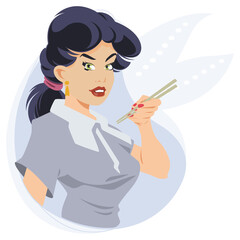 Beautiful girl with chopsticks for sushi. Illustration for internet and mobile website.