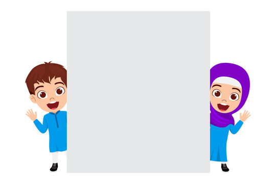 Happy Cute Kid Boy And Girl Character Wearing Arab Muslim Businessman Outfits Isolated And Pointing To Blank Placard Board From Behind