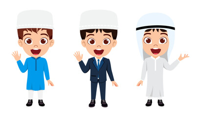 Obraz premium Happy cute kid boy character wearing Arab Muslim businessman outfits isolated