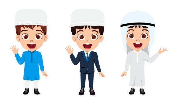 Happy cute kid boy character wearing Arab Muslim businessman outfits isolated