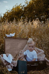 Portrait of a child boy sitting in a suitcase in nature. Rest and travel with children.