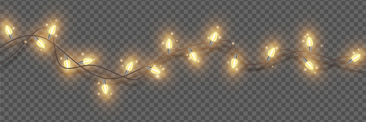 Christmas lights, vector holiday festive illumination, x-mas glowing garland, New Year decor element. Winter party border, glowing wreath on transparent background. Christmas lights, carnival lamps