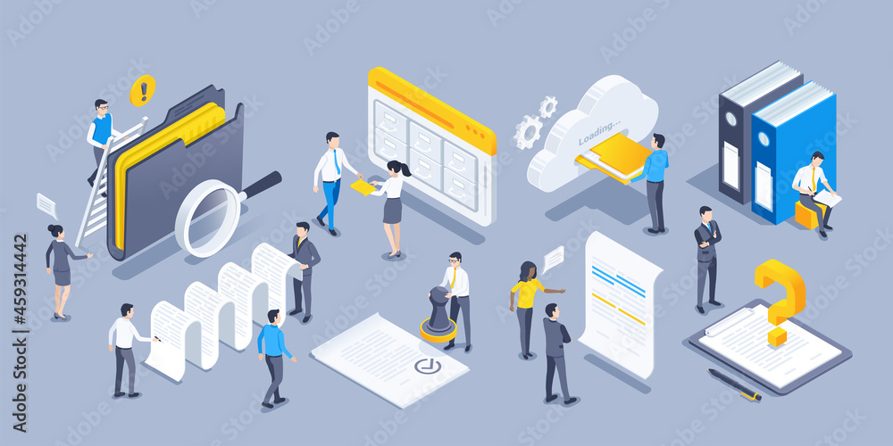 Poster isometric vector illustration on a gray background, a set of objects and people in business clothes 