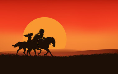 Fototapeta na wymiar native american chief and beautiful woman riding horses over sunset land - wild west grass prairie vector silhouette design