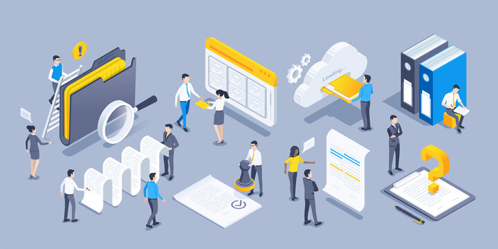 isometric vector illustration on a gray background, a set of objects and people in business clothes are working with documents, drafting and processing paper documents