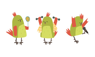 Funny Parrot Holding Lollipop, Lifting Dumbbells and Singing in Microphone Vector Set