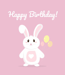 Happy Birthday! Postcard. Cute rabbit with balloons. Cartoon style.