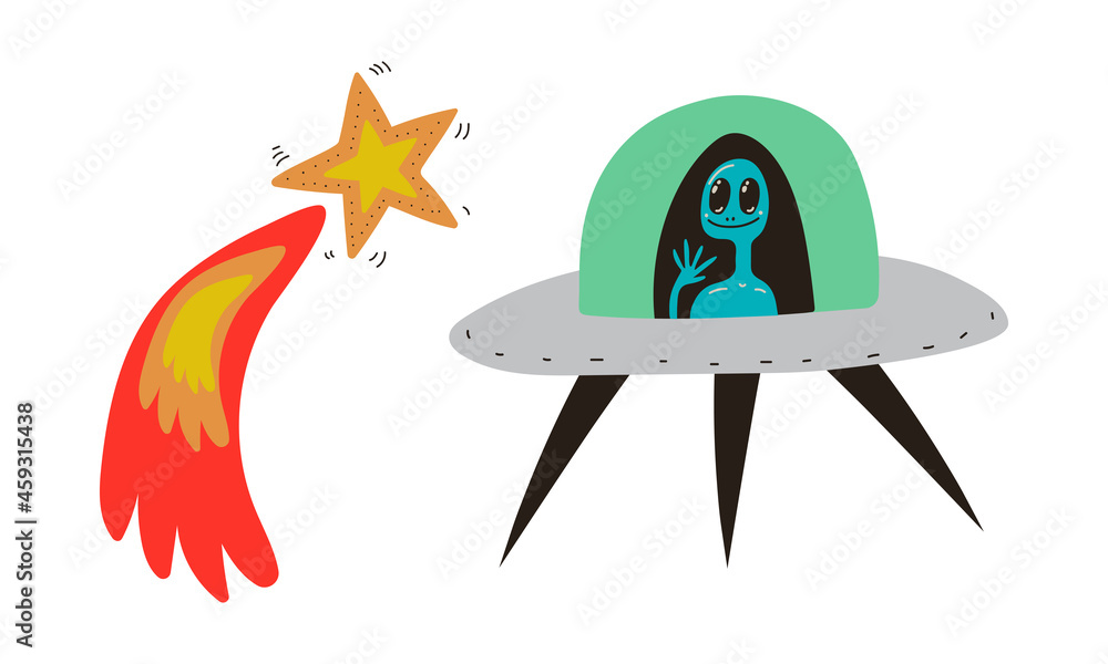 Poster flying comet and unidentified flying object with alien as cosmos and universe exploration vector set