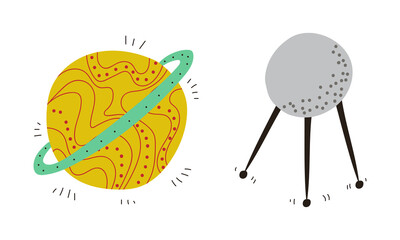 Satellite and Planet as Cosmos and Universe Exploration Vector Set