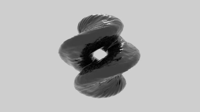 Abstract spinning unusual 3D liquid figure, seamless loop. Design. Spiral shaped unusual rotating object transforming and rippling.