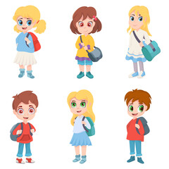 Set school kids boys and girls with bag vector illustration.