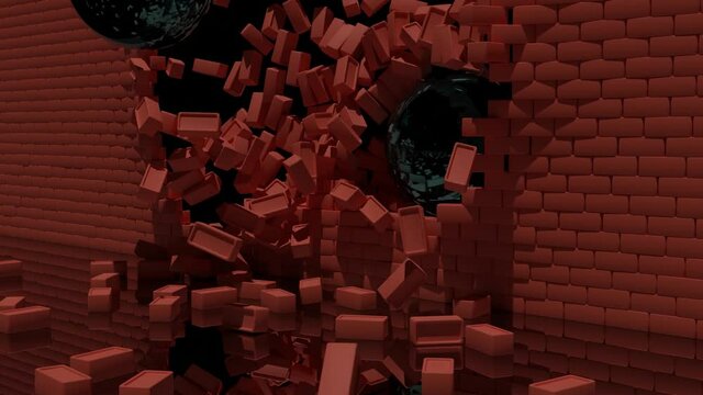 Moment of destroying a red brick wall by concrete spheres on a dark background. Design. Breaking a wall with many bricks falling down, concept of construction.