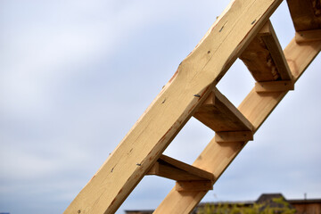 Wooden staircase at the garden house in flowers