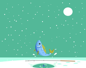 Vector illustration. Winter landscape. Fishing.