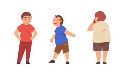 Cheerful Boy with Overweight and Body Fat Eating Something and Smiling Vector Set