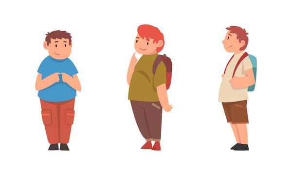 Cheerful Boy with Overweight and Body Fat Vector Set