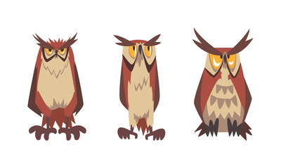 Feathered Owl with Big Yellow Eyes and Sharp Talon in Sitting Pose Vector Set